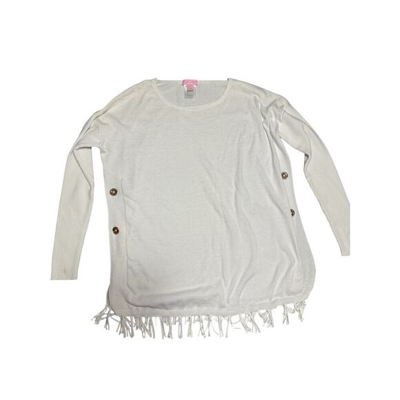 Lilly Pulitzer Sweater Size S White Fringe Bottom Gold Side Buttons - Picture 1 of 13